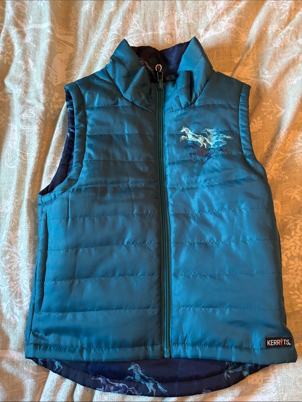 Kerrits Teal Reversible Quilted Kids Riding Vest with Horse Graphic